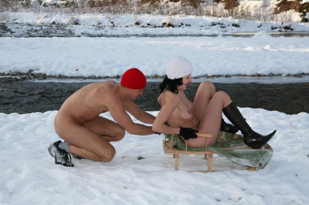 Naturist Girl Snow Day Couples Sled pics - Being yourself is part of nudism